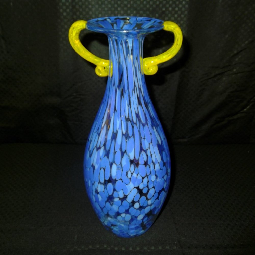 Handblown Blue and yellow handle vase